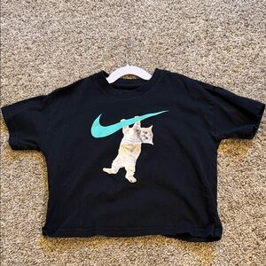 Nike Black Tee with Cat and Teal Swoosh